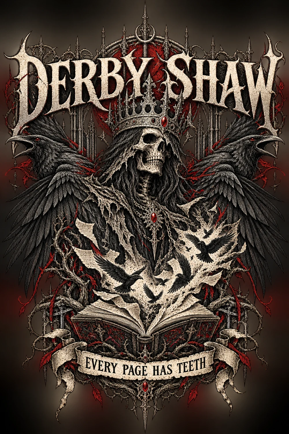 Crowned skeletal figure, ravens, and an antique book in Derby Shaw’s Every Page Has Teeth artwork