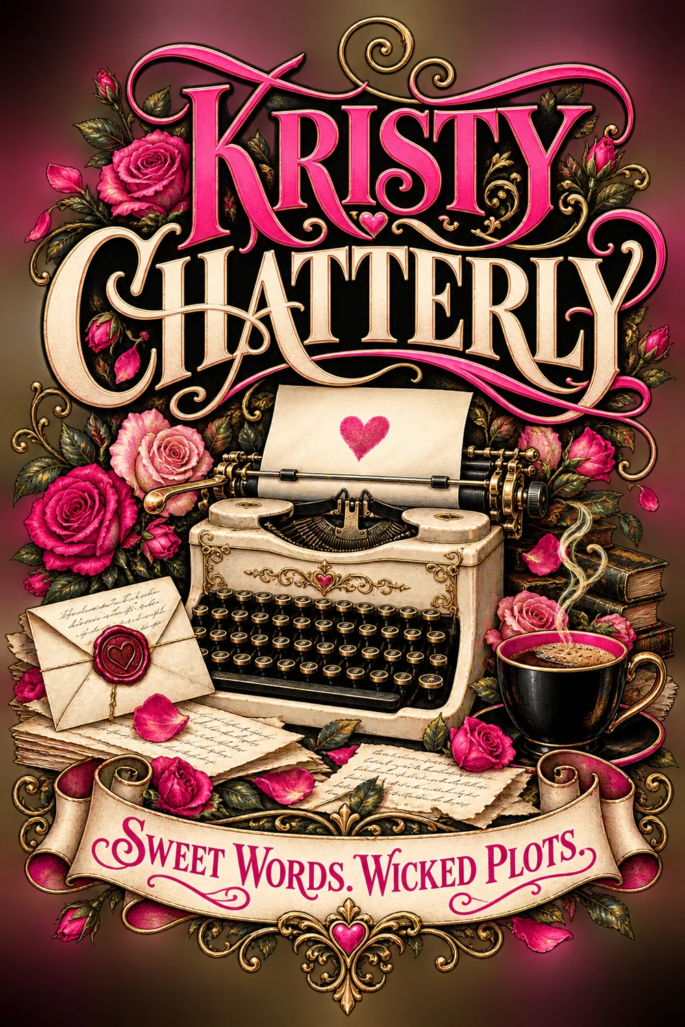 Kristy Chatterly pink roses and antique typewriter artwork